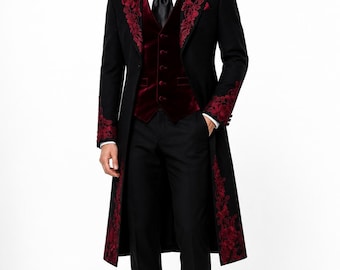 Men's Gothic Victorian Tailcoat Coat, Black Burgundy Embroidered Steampunk Jacket, Vampire Wedding suit