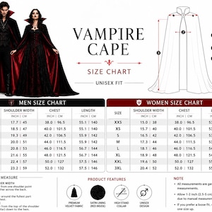 May include: A black vampire cape with a red satin lining, featuring a high stand collar and a unisex design. The image includes a detailed size chart with measurements in inches and centimeters for shoulder width, chest, and length, along with instructions on how to measure for the garment.