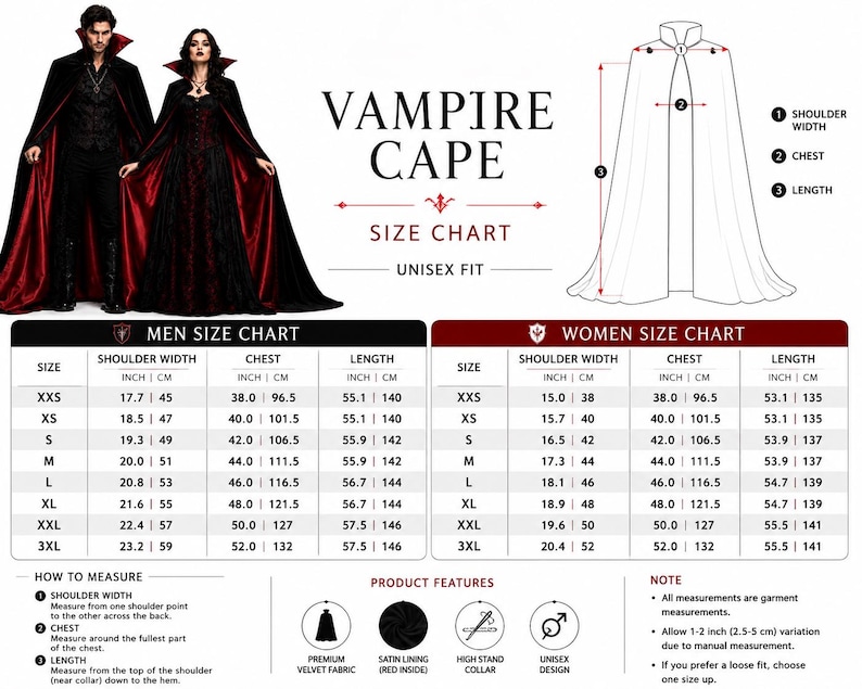 May include: A black vampire cape with a red satin lining, featuring a high stand collar and a unisex design. The image includes a detailed size chart with measurements in inches and centimeters for shoulder width, chest, and length, along with instructions on how to measure for the garment.