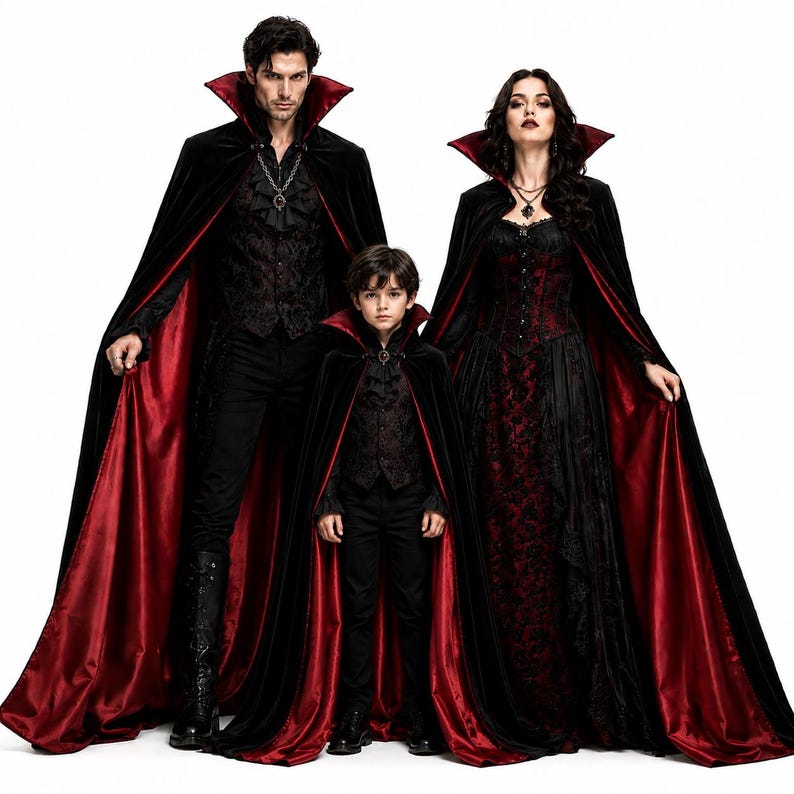 May include: Three matching vampire-style costumes featuring black velvet capes with deep red satin linings, high collars, and ornate brocade vests. The outfits include black trousers and a long black and red brocade dress with a corset-style bodice.