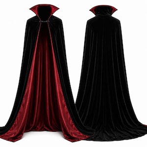 May include: A floor-length cape featuring a black velvet exterior and a deep red satin lining. The garment includes a high, structured stand-up collar and a decorative metal clasp at the neckline, shown from both the front and back perspectives.