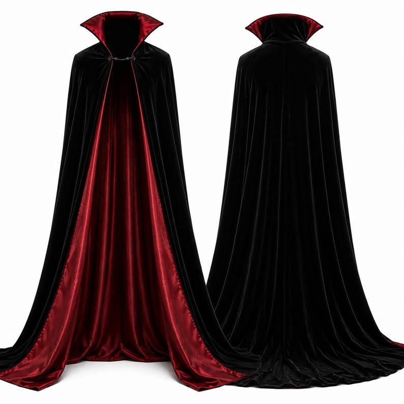 May include: A floor-length cape featuring a black velvet exterior and a deep red satin lining. The garment includes a high, structured stand-up collar and a decorative metal clasp at the neckline, shown from both the front and back perspectives.