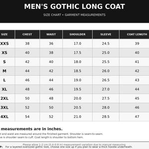 May include: A size chart for a gothic long coat with a table listing sizes from XXS to 4XL. Columns include chest, waist, shoulder, sleeve, and coat length measurements in inches. The text states all measurements are in inches and provides tips.