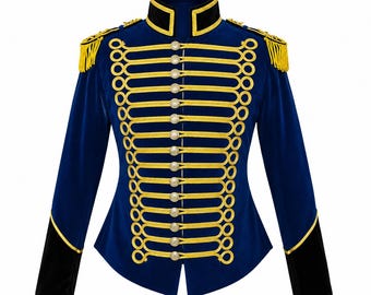 May include: A royal blue velvet military-style jacket featuring a high collar, black velvet cuffs, and gold braided cord detailing across the front. The garment includes gold shoulder epaulets with fringe and a vertical row of round gold buttons.