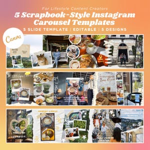 Può includere: Immagine promozionale per modelli di carosello Instagram. Il design presenta uno stile collage con foto, testo e grafica. Il testo include "5 Scrapbook-Style Instagram Carousel Templates" e "5 Slide Template | Editable | 5 Designs."