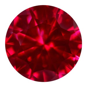 Op de afbeelding: Een ronde, gefacetteerde robijn edelsteen. De edelsteen heeft een diepe, verzadigde rode kleur met interne reflecties die een briljante weergave creëren. De facetten zijn nauwkeurig geslepen en reflecteren het licht om een sprankelend effect te creëren. De edelsteen staat tegen een witte achtergrond.