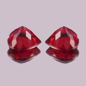 May include: Two faceted, heart-shaped, deep red gemstones. The gems are highly reflective, with multiple facets catching the light. The gems are displayed on a reflective surface, creating a mirrored effect. The background is a soft, neutral color.