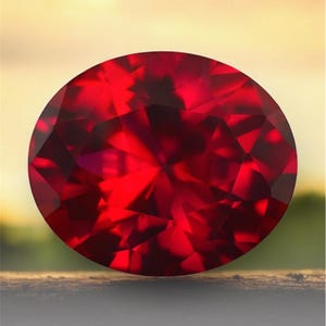 May include: A faceted, oval-shaped, deep red gemstone. The gem's surface reflects light, creating a brilliant display of colour. The background is a blurred view of a sunset, with a neutral surface below the gem.
