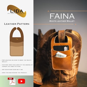 May include: A tan leather wallet pattern labeled FAINA Boots Leather Wallet, featuring a cutout design for attachment to a boot. The wallet has two card slots, one containing a black credit card and folded paper currency, stitched with white thread.