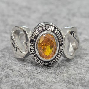 Custom Silver Class Ring, Central Preston High School Ring, Class of 1981 Graduation Ring, Orange Citrine Senior Ring, Personalized Gift