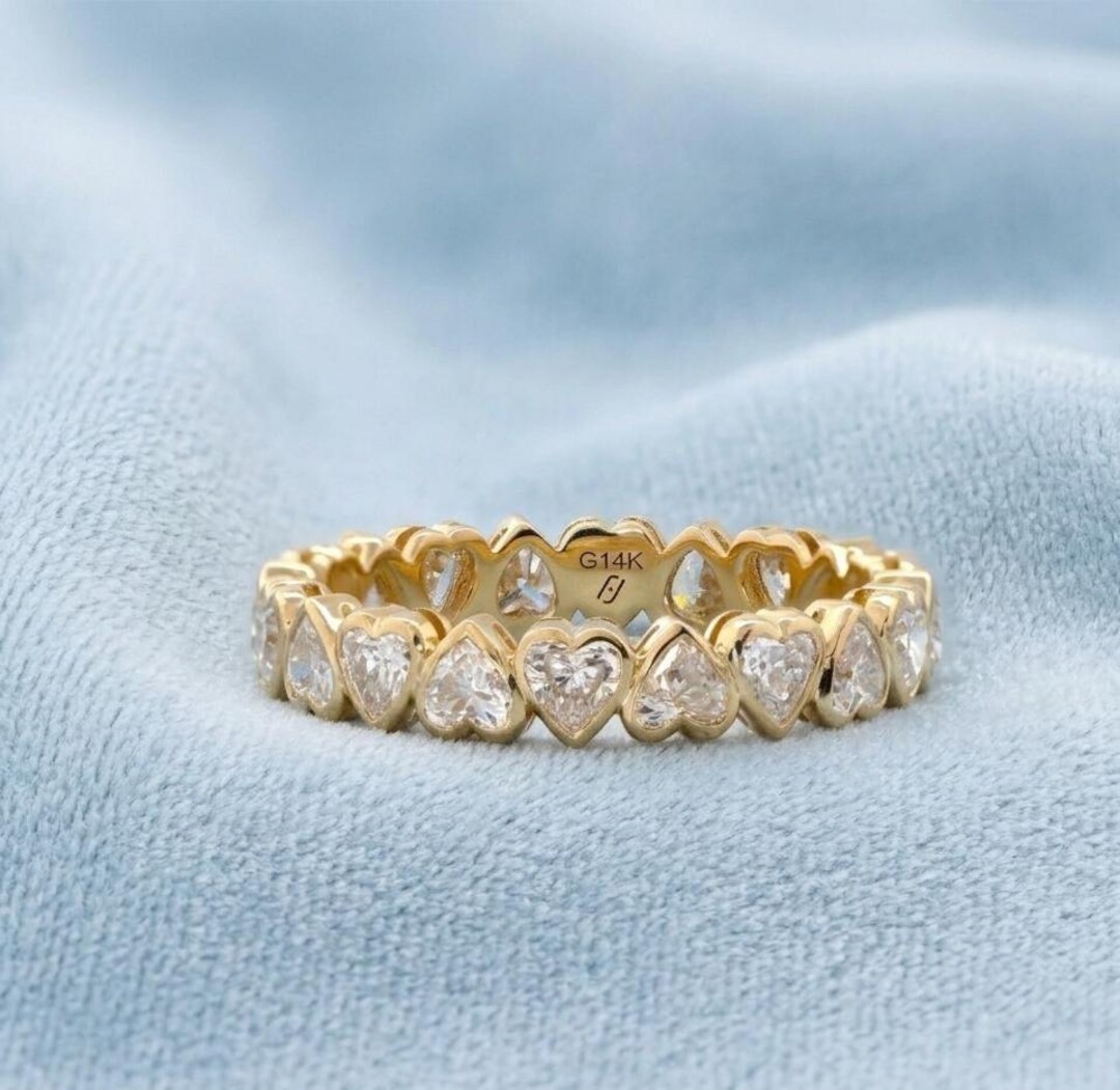 14k Gold Heart Lab Diamond Eternity Ring, Bezel Set Anniversary Band - Etsy