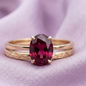 Oval Ruby Engagement Ring Set – 14K Solid Gold Vintage Style Proposal Ring