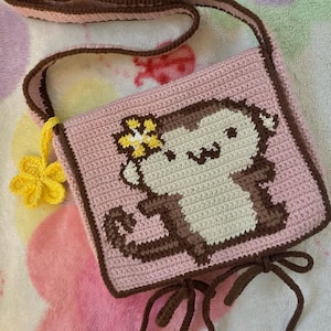 Pink Crochet Monkey Messenger Bag with Yellow Flower Charm – Lined, Bow Closure