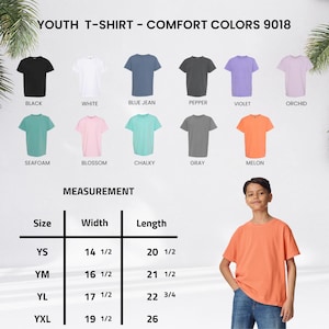 May include: A youth t-shirt in melon color is modeled. The image displays various t-shirt colors: black, white, blue jean, pepper, violet, orchid, seafoam, blossom, chalky, and gray. Measurement details are provided for sizes YS, YM, YL, and YXL, with widths ranging from 14 1/2 to 19 1/2 inches.