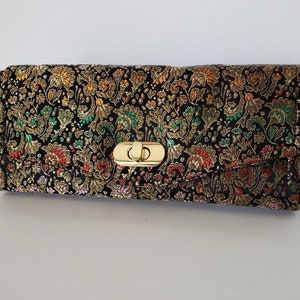 Cartera clutch brocado de seda, gran embrague de seda negro con ranuras y compartimento de cremallera, cartera de embrague necesaria, con correa de muñeca