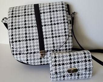 Messenger bag, Black and White Flannel crossbody bag with matching wallet, cotton flannel and cork crossbody bag