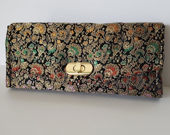 Silk Brocade Clutch Wallet, large black silk clutch with slots and zipper compartment, Necessary Clutch Wallet, with wrist strap