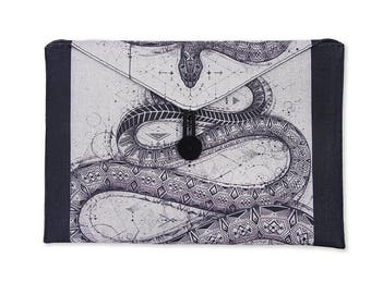 Small Hemp tattoo art clutch envelope, Kindle Fire cover, IPad cover, rattlesnake digitally printed, size small