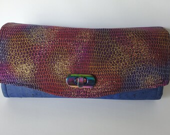 Blue and Purple Lizard Cotton and Cork Clutch wallet with pockets and slots, Necessary Clutch Wallet, denim blue cork clutch