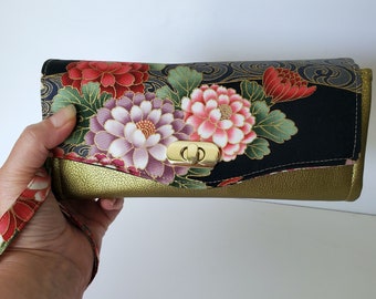 Chrysanthemum floral and Gold Cactus Leather Wallet, large Clutch Wallet, Necessary Clutch Wallet