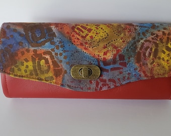 Large Handpainted Clutch Wallet, Cranberry Marine Vinyl body, with zipper pocket and slots, Necessary Clutch Wallet holds everything