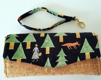 Fox in the Woods Canvas and Cork Clutch wallet with pockets and slots, Clutch, Large Wallet, Necessary Clutch Wallet, cork and canvas clutch