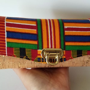 Cartera de embrague de algodón y corcho de impresión de cera africana con bolsillos y ranuras, billetera de embrague grande, cartera de embrague necesaria, embrague de corcho y algodón