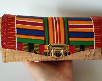 African Wax Print Cotton and Cork Clutch wallet with pockets and slots, Large Clutch Wallet, Necessary Clutch Wallet, Cork and Cotton clutch