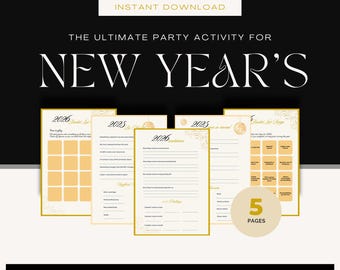Actividad imprimible de Año Nuevo, Hoja de trabajo de resoluciones para 2026, Juego de fiesta, Planificador de establecimiento de metas, Preguntas de reflexión, Lista de deseos, Bingo