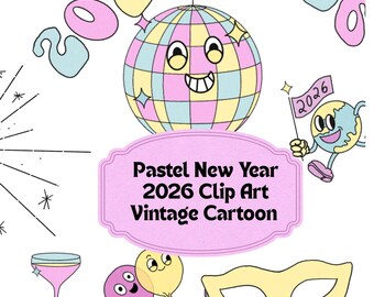 Clip art de Año Nuevo 2026 en colores pastel, estilo vintage de dibujos animados, PNG para fiestas, suministros para manualidades retro.