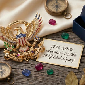 Pu&ograve; includere: Una spilla a forma di aquila dorata con cristalli rossi, bianchi e blu, con un nastro che recita E PLURIBUS UNUM e 1776-2026 AMERICA'S 250TH ANNIVERSARY. Un cartoncino riporta 1776-2026 America's 250th. A Gilded Legacy. Include bussole e gemme.