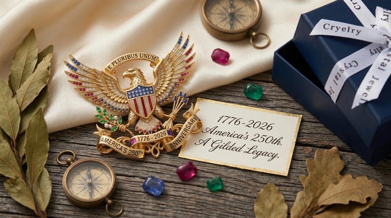 Pu&ograve; includere: Una spilla a forma di aquila dorata con cristalli rossi, bianchi e blu, con un nastro che recita E PLURIBUS UNUM e 1776-2026 AMERICA'S 250TH ANNIVERSARY. Un cartoncino riporta 1776-2026 America's 250th. A Gilded Legacy. Include bussole e gemme.