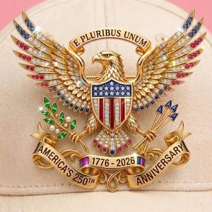 Pu&ograve; includere: Una spilla dorata a forma di aquila con il testo E PLURIBUS UNUM sopra la testa e AMERICA'S 250TH ANNIVERSARY 1776-2026 su un nastro sottostante. L'aquila regge un ramoscello d'ulivo e delle frecce, decorata con pietre rosse, bianche e blu.