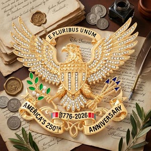 Pu&ograve; includere: Un emblema d'aquila dorata con strass trasparenti sulle ali e sul petto, che regge un ramoscello d'ulivo e delle frecce. Un nastro superiore reca la scritta E PLURIBUS UNUM, mentre quello inferiore riporta AMERICA'S 250TH ANNIVERSARY e 1776-2026.