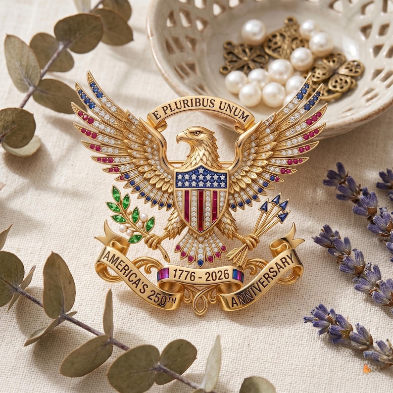 Pu&ograve; includere: Una spilla dorata a forma di aquila con il testo E PLURIBUS UNUM sopra la testa e AMERICA'S 250TH ANNIVERSARY 1776-2026 su un nastro sottostante. L'aquila &egrave; decorata con pietre rosse, bianche e blu, foglie verdi e cristalli trasparenti.