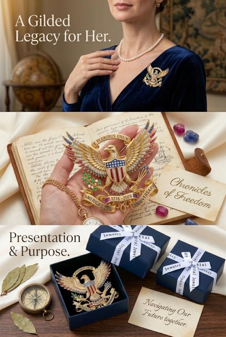 Pu&ograve; includere: Una spilla a forma di aquila color oro con dettagli in smalto rosso, bianco e blu, uno scudo e un nastro con il testo E PLURIBUS UNUM, AMERICA'S 250TH e 1776-2026 ANNIVERSARY. La spilla &egrave; presentata in una scatola regalo blu navy con nastro bianco.