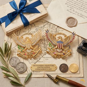 Pu&ograve; includere: Due emblemi d'aquila dorati con la scritta E PLURIBUS UNUM e AMERICA'S 250TH ANNIVERSARY 1776-2026, esposti su una mappa con una targa in ottone THE FOUNDING AND FUTURE: LIMITED EDITION COMMEMORATIVE SET, monete e una penna stilografica.
