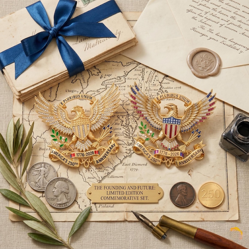 Pu&ograve; includere: Due emblemi d'aquila dorati con la scritta E PLURIBUS UNUM e AMERICA'S 250TH ANNIVERSARY 1776-2026, esposti su una mappa con una targa in ottone THE FOUNDING AND FUTURE: LIMITED EDITION COMMEMORATIVE SET, monete e una penna stilografica.
