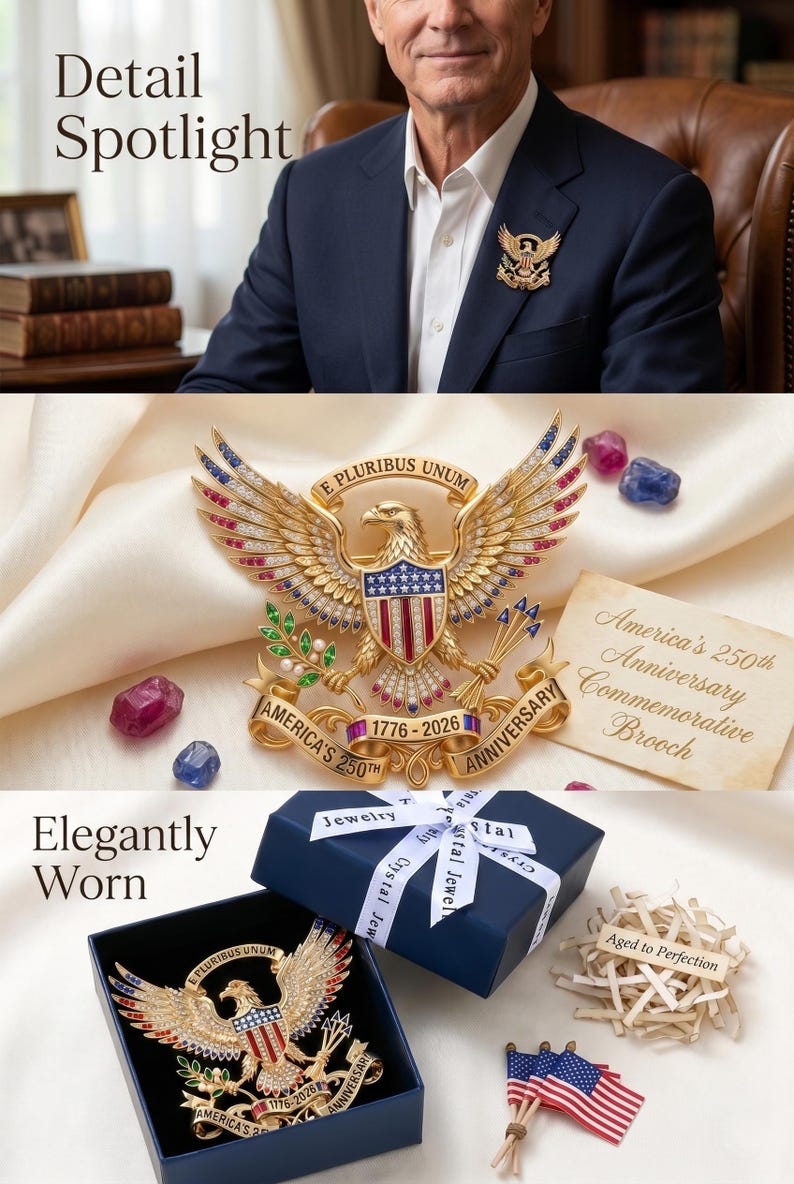 Pu&ograve; includere: Una spilla a forma di aquila color oro con cristalli rossi, bianchi e blu, la scritta E PLURIBUS UNUM e un nastro con AMERICA'S 250TH ANNIVERSARY 1776-2026. La spilla presenta foglie verdi e frecce, presentata all'interno di una scatola blu.
