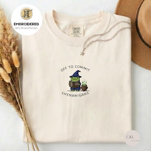 Off to Commit Shenanigans Wizard Frog T-Shirt, Embroidered Comfort Colors 1717, Frog Lover Gift