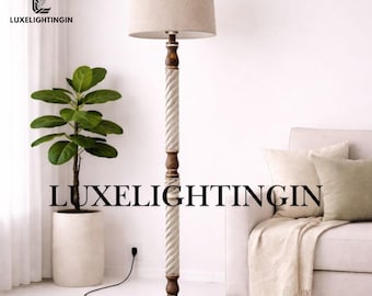 Handcrafted Spiral Carved Wood floor lamp | wooden floor lamp | Rustic Jute Shade,