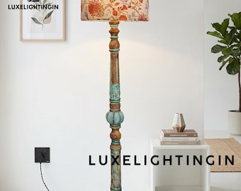 Handcrafted Boho Floral floor lamp with Carved Wooden Base, Antique Farmhouse Standing Lamp, Unique Hand Painted Tall Lamp, Eclipse Design