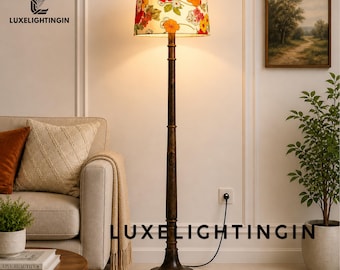 Vintage Floral Floor Lamp, Wooden Standing Lamp, Boho Living Room Decor, Mid Century Style Lighting, Cozy Home Lamp, Rustic Tall Lamp
