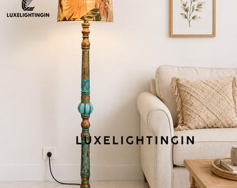 Lámpara de pie de madera hecha a mano, lámpara de pie tallada en turquesa, iluminación bohemia para sala de estar, decoración única para el hogar, lámpara de pie