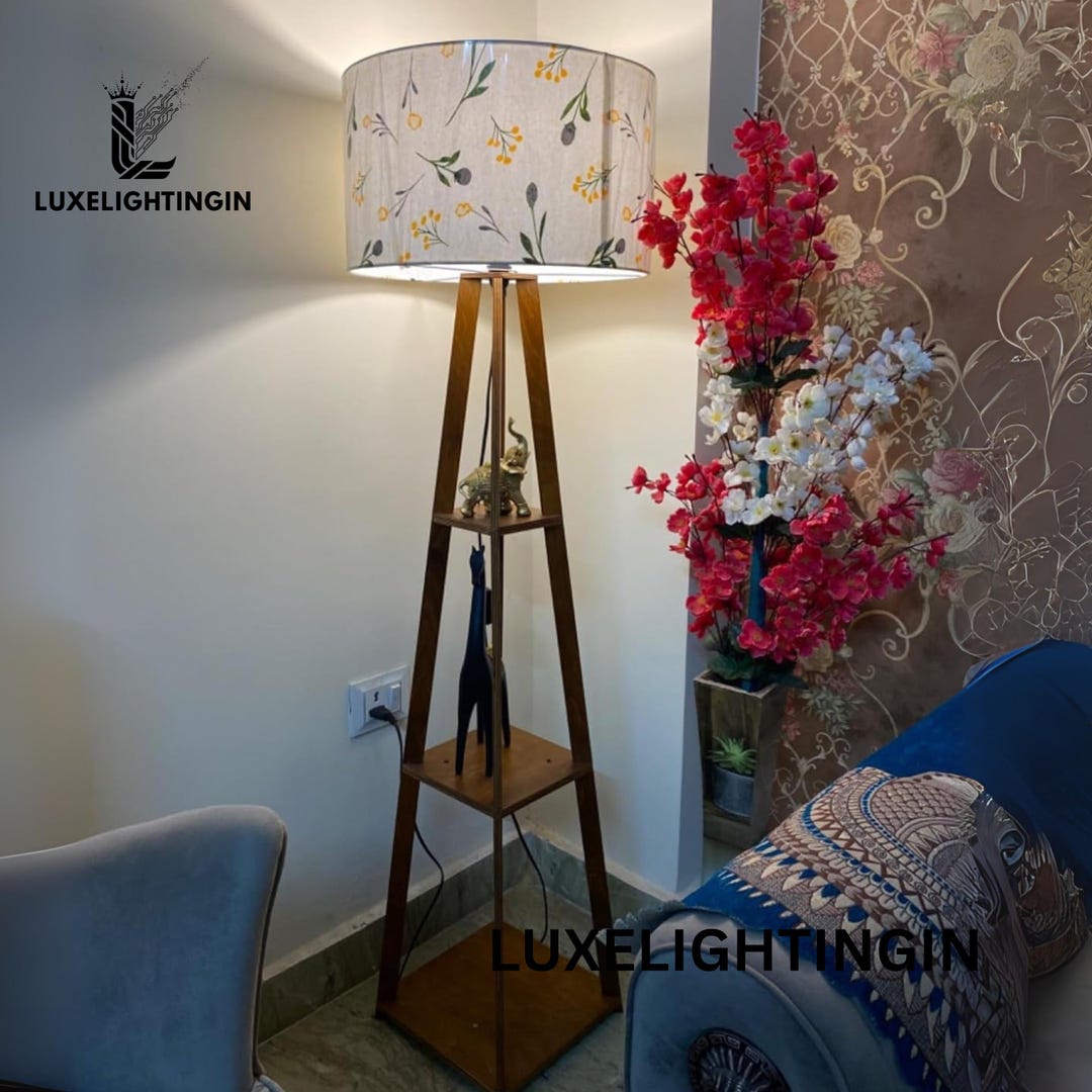 Handmade Wooden Tripod Floor Lamp With Shelves, Boho Floral