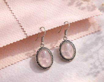 Rose Quartz Drop Earrings | Oxidized German Silver, Vintage Style