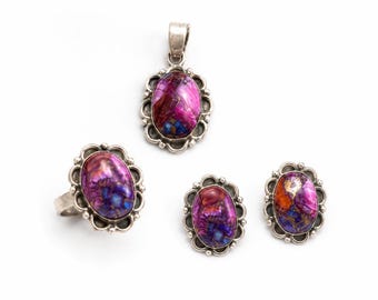 Purple Red Copper Turquoise Sterling Silver Jewelry Set, Adjustable Ring Earrings Pendant