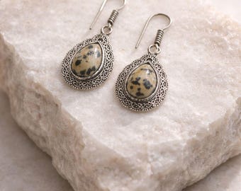 German Silver Jasper Drop Earrings | Boho Dangle, Oxidized Finish