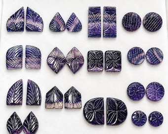Natural Purple Fluorite Gemstone Pair, Carved Cabochons for Jewelry Making