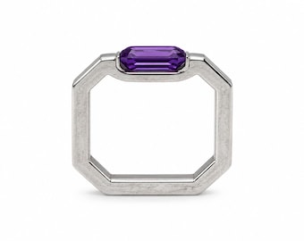 Natural Amethyst Geometric Statement Ring | Sterling Silver Bezel Setting